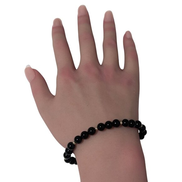 Onyx Gemstone Beaded Stretch Bracelet with 14K Gold Accent Beads Handmade - Picture 6 of 7